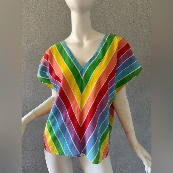 Vintage 70s 80s Rainbow Chevron Striped Top Blouse - Picture 5 of 13